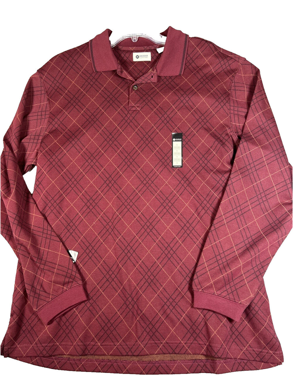 Haggar Size L NWT Burgundy Tattersall Plaid Long Sleeve Knit Polo Shirt Preppy
